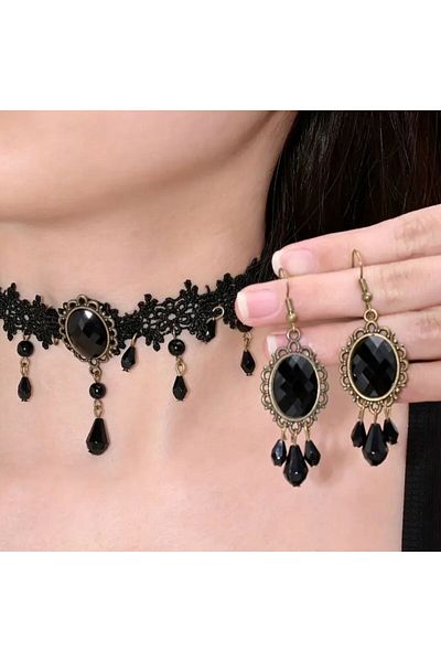 Yıldız Accessory Gothic Modern Black Lace Choker Necklace Earring Set