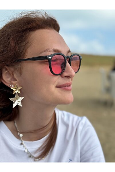 Ferrucci Brand Oval Unisex Sunglasses with Black Frame and Pink Clear Glass