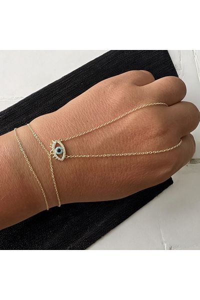 ALS Tasarım Dünyası Women's Gold Color Chain Middle Zircon Stone Eye Detailed Steel Shahmeran