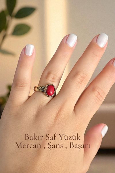NBS Beautiful Naturel Stones Pure Copper Ring Adjustable Coral (Evil Eye Protection) (Gift, Daily, Special Occasions)