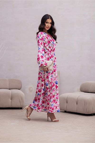 UniqueStore.ro Long dress with pink-blue floral print and elastic waist - L/XL