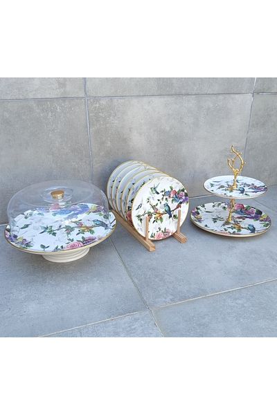 Pinkev 8 Piece Bird Patterned Ceramic Cake Presentation Plate Set
