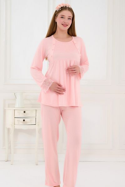 Emose 3-Piece Maternity Pajama Set with Lace and Morning Dress