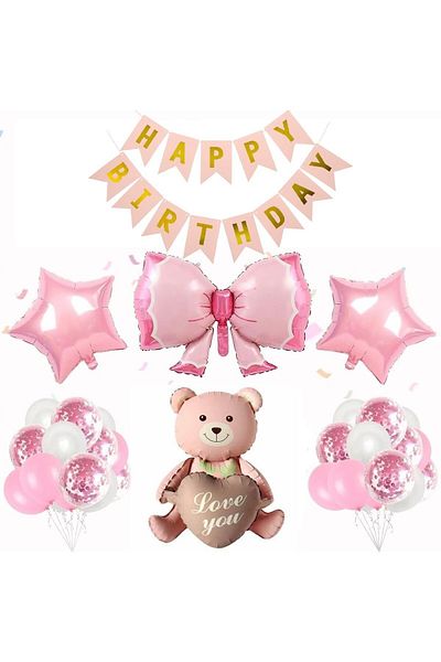 DÜVENCİ TİCARET Heart Sitting Bear Foil Balloon Birthday Party Set