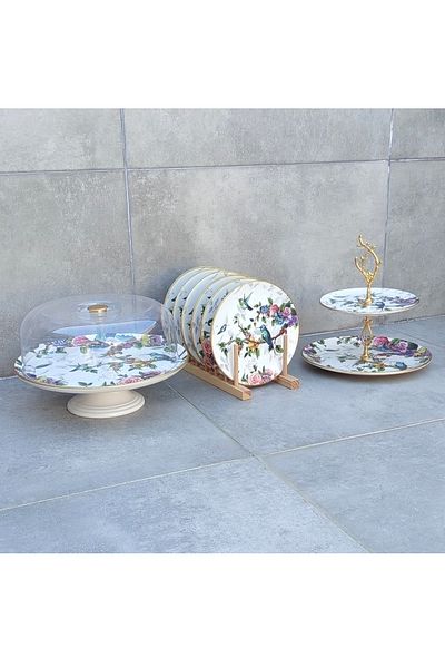 Pinkev 8 Piece Bird Patterned Ceramic Cake Presentation Plate Set