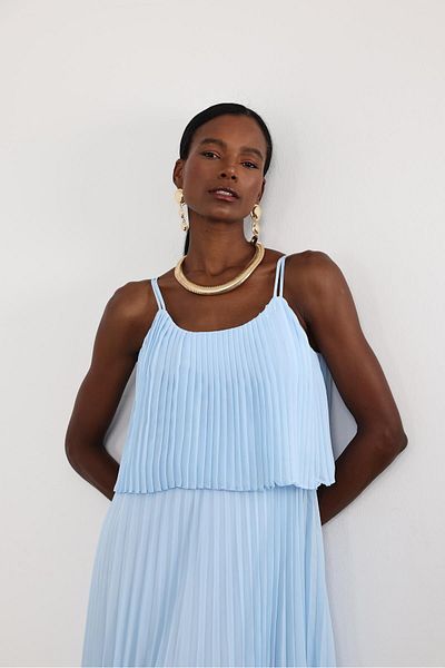 5in1Canpolat Baby Blue Πλισέ Φόρεμα σιφόν 00778