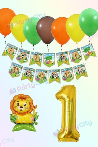 Party City Σετ στολίδια για πάρτι γενεθλίων με θέμα το Safari |   Balloon Banner Lion Foil + Αριθμός 100εκ
