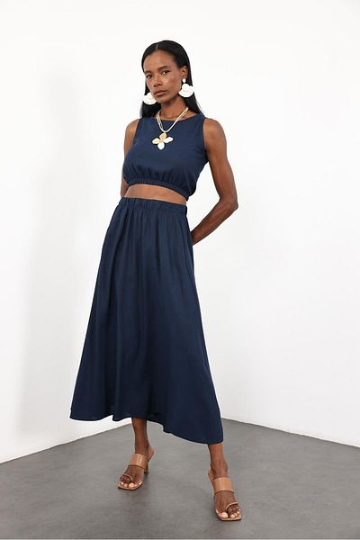 5in1Canpolat Navy Blue Linen Blended Blouse Skirt Suit 1545