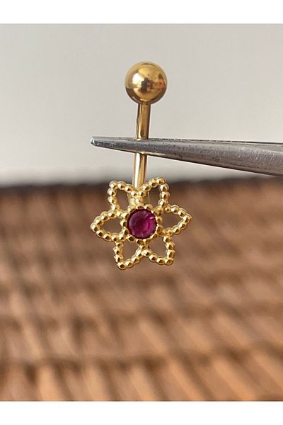 Rupen Kraft 316 L Surgical Steel Anti Allergic Flower Model Claret Red Stone Navel Piercing