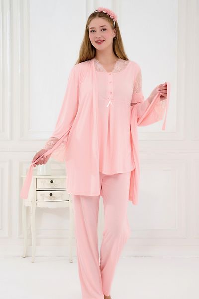 Emose 3-Piece Maternity Pajama Set with Lace and Morning Dress