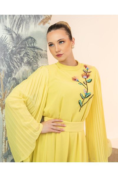 YAFA CLOTHING & ACCESSORIES Hand Embroidered Chiffon Dress New Yellow