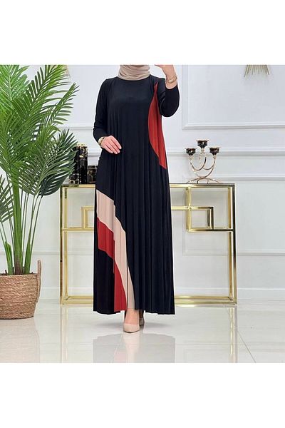 Afili Women's Black Stylish and Comfortable Hijab Pleated Long Dress – Modern Pattern