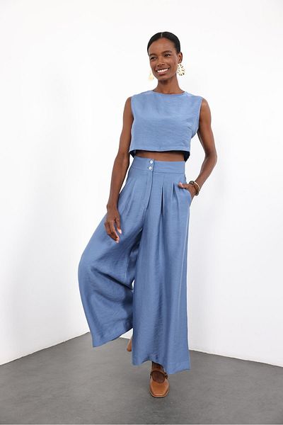 5in1Canpolat Indigo Button Back Blouse Pants Set