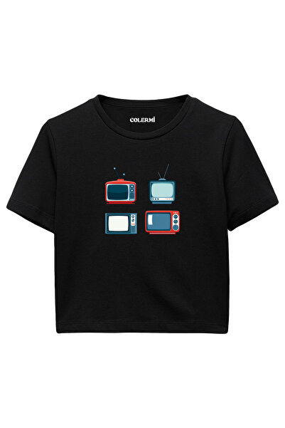 Colermi تيشيرت نسائي أسود قصير - تصميم مطبوع عليه تلفزيون ريترو، نسيج قطني 100%