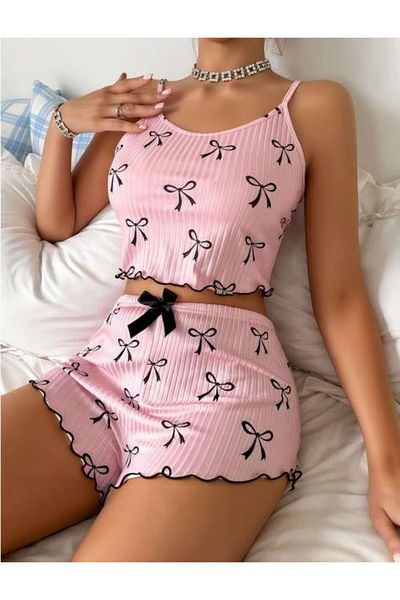 GiyimCity Pink over Black Ribbon Patterned Suspender Shorts Pajama Set