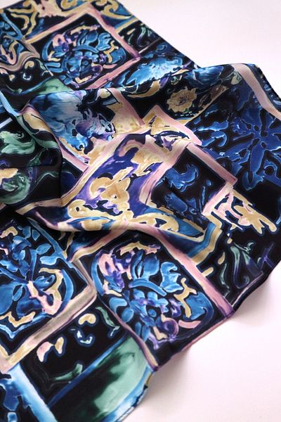THE MOON Rumi Tile Patterned Navy Blue Satin Scarf