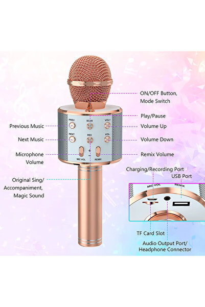 GÜMÜŞTEKNO Bluetooth Kablosuz Karaoke Mikrofon Çocuklar İçin Taşınabilir Hoparlörlü Mikrofon Oyuncağı Şarjlı