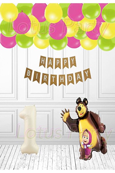 LOTUS PARTY Set de baloane concept cu baloane din folie Masha și Ursul cu licență de vârstă, cu numere crem, galben, verde, fucsia