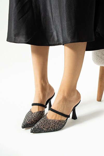 Cochines Women's Black Stone Detailed Ankle Double Useful Thin Slippers Heeled Stiletto Evening Dress Shoes