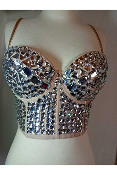 Ekinoksen Kristal taş işlemeli özel tasarım balenli ve push up dolgulu crop