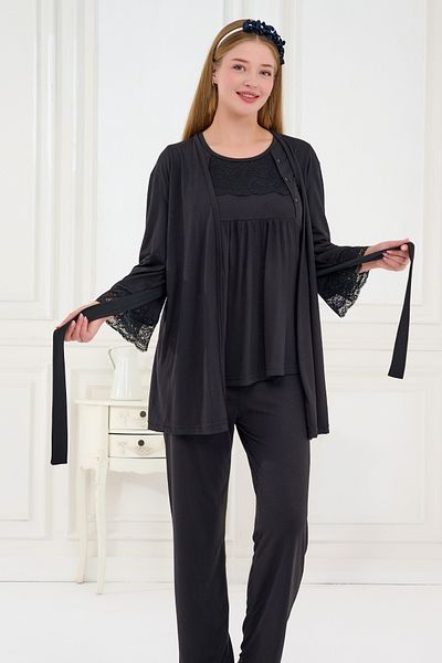 Emose 3-Piece Maternity Pajama Set with Lace and Morning Dress