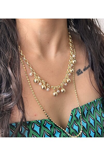 Çelik Lucky Store Zincir + İncili Gold Toplu Kombin Kolye İkisi Birlikte