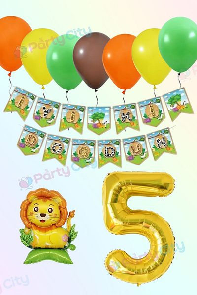 Party City Σετ στολίδια για πάρτι γενεθλίων με θέμα το Safari Age 5 |   Balloon Banner Lion Foil Αριθμός 100εκ