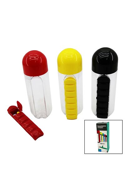 emosavm Plastic Water Bottle with Medicine Box, Colorful Cup with Lid 600ml