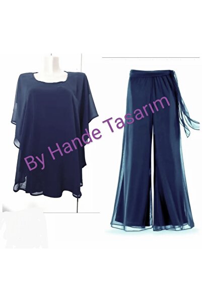 BY HANDE TASARIM Set pantaloni și bluză din șifon casual, albastru bleumarin pentru femei