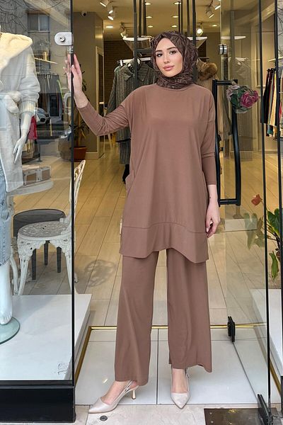 Afili Women's Brown Side Pocket Pants Sandy Suit with Elastic Waist