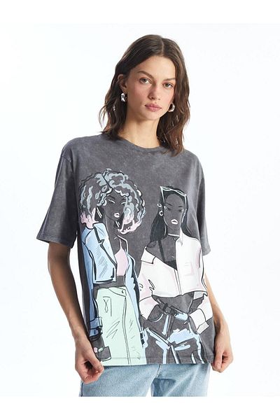 LC Waikiki Tricou supradimensionat pentru femei, cu mânecă scurtă, cu imprimeu cu gât crew (S4)