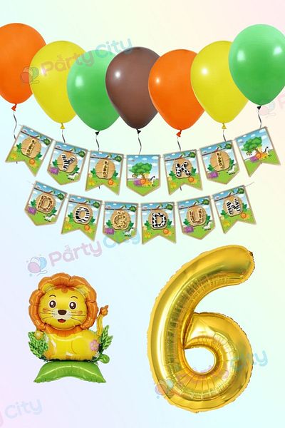 Party City Safari Themed 6 Year Old Birthday Party Decoration Set |   Balloon Banner Lion Foil Number 100cm