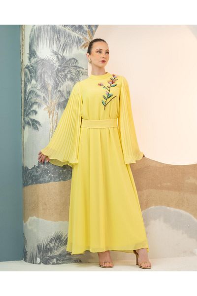 YAFA CLOTHING & ACCESSORIES Hand Embroidered Chiffon Dress New Yellow