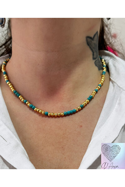 Darya DD393 قلادة مصنوعة يدويًا من الخرز الفيروزي والذهبي