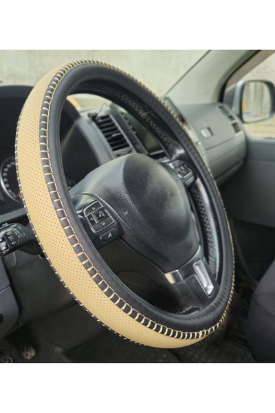 DELUXETUNING Black imitation leather steering wheel cover, with cream perforated imitation leather and cream stitching