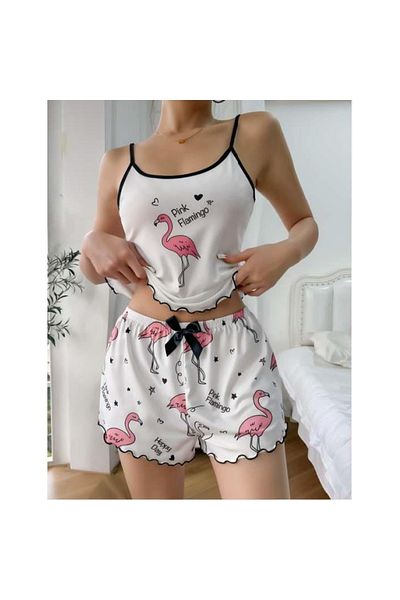 Findit Pink Flamingo Patterned Suspender Shorts Pajama Set