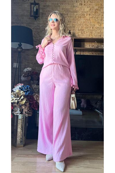 Cardella Women's Tassel Sleeves Seersucker Fabric Shirt Pants Double Suit