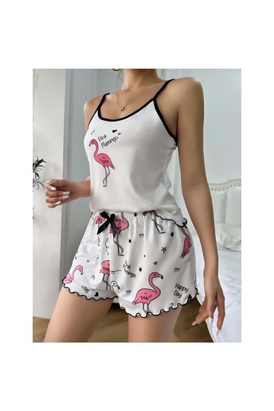 Findit Pink Flamingo Patterned Suspender Shorts Pajama Set