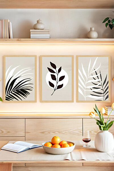 kutuTR 🌿 Siyah Beyaz Yaprak Desenli 3’lü Modern Minimal Tablo Seti🌟 CRVS1128