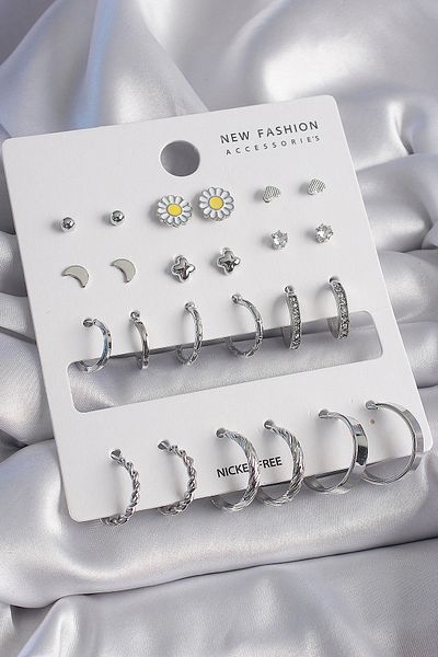 ALFA AKSESUAR 03 Brass Silver Color Zircon Stone Detailed 12 Pairs Women's Earrings Set - Tj-Bkp9686