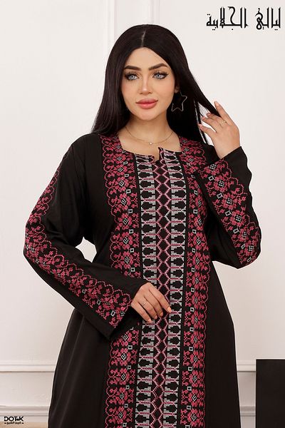 Lyaly aljlabyh Luxurious black jalabiya in royal crepe fabric with Jordanian hand embroidery in pink and white for receptions and occasions.