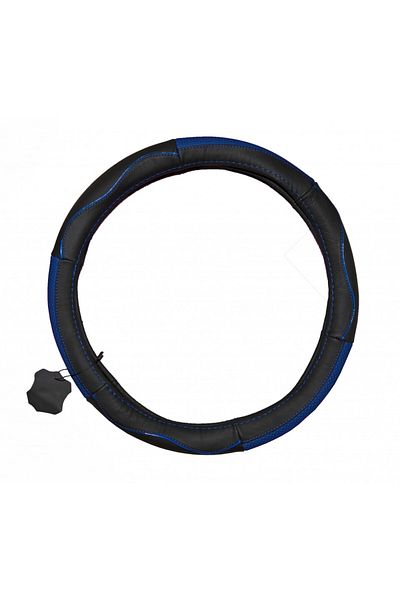 DELUXETUNING Husa volan piele ecologica negru cu albastru, diam. 38 cm
