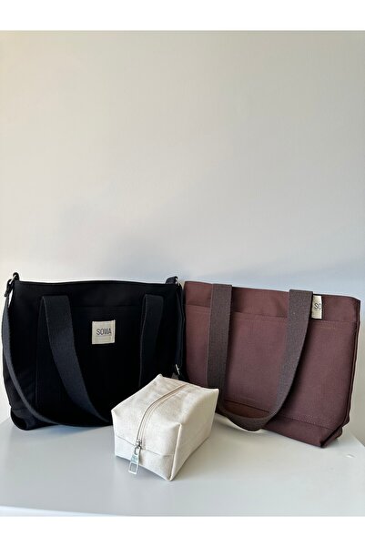 Sowa Collection 3lü Set Kanvas Kadın El ve Omuz Çantası Makyaj Çantası