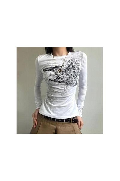 Wisevelya Punk Patterned Long Sleeve Crop