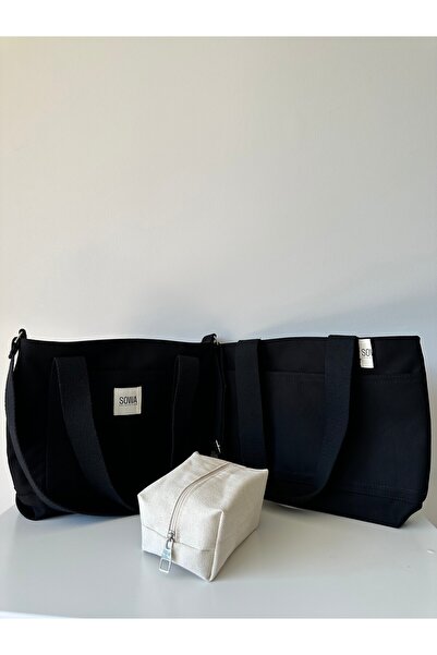 Sowa Collection 3lü Set Kanvas Kadın El ve Omuz Çantası Makyaj Çantası