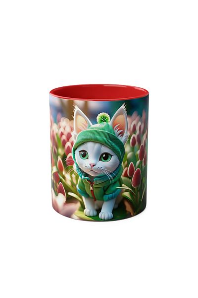 DUBLEMETRE Cute Cat Patterned Printed Mug with Green Eyes