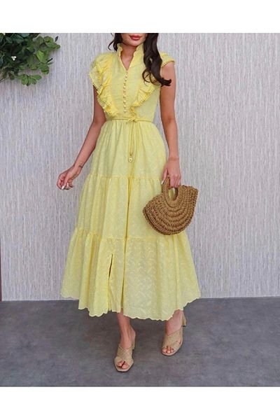 Afiş Butik Yellow Scallop Ruffle Floral Embroidered Dress