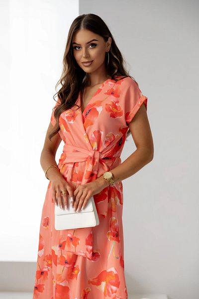 UniqueStore.ro Rochie Lejeră Cu Imprimeu Floral Coral Și Cordon În Talie