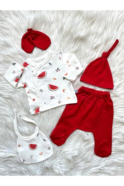 Linda Harris Watermelon Pattern Red 5-Piece Newborn Baby Hospital Release Set