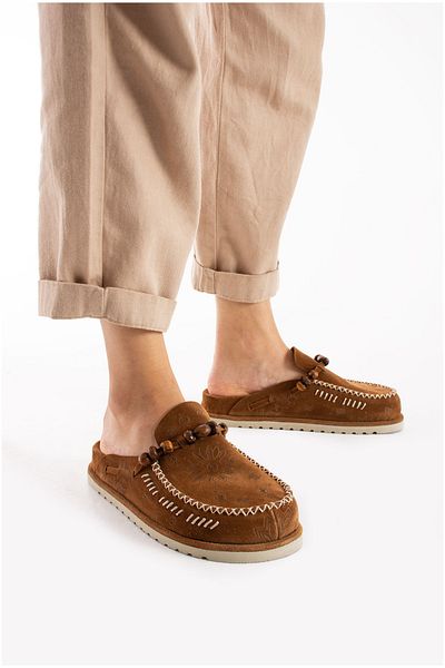 Lemoors Rumi Inside and Outside and Sole Genuine Suede Leather Cinnamon Color Sabo Slippers
